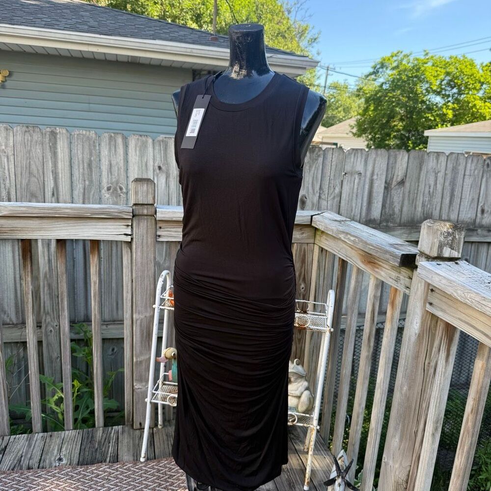 NWT Halston Heritage Ruched Jersey Midi Dress Black Sleeveless Size Medium